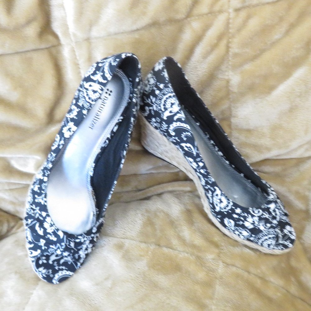 Shoes - Black and White Peek-a-Boo Toe Wedges